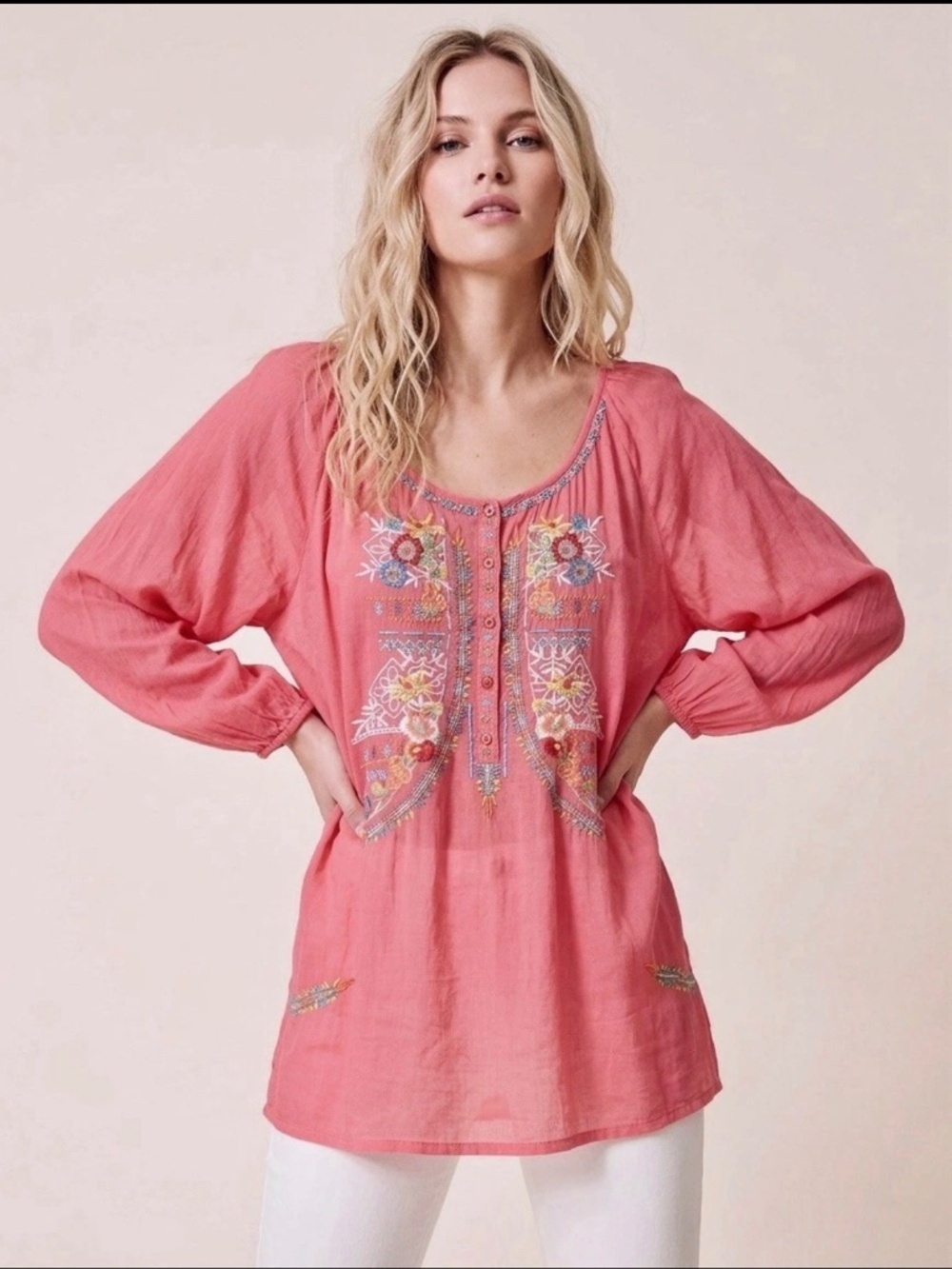 Johnny Was Floral Embroidered Peasant Blouse Coral Pink Tunic- Size Medium